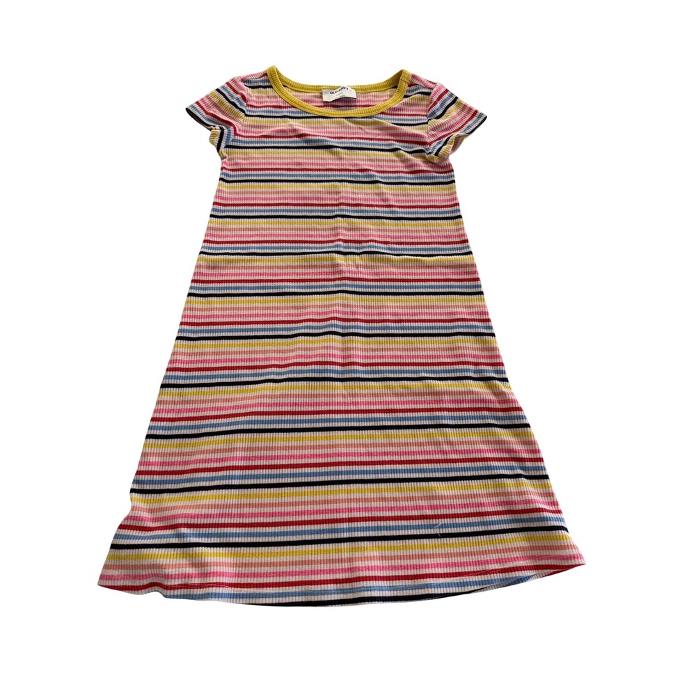 Old Navy Girls Rib-Knit Multi-Color Striped Short Sleeve Swing Dress L 10-12